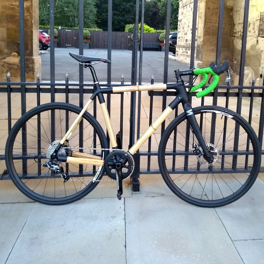 Ted's bamboo road bike with black lugs and green bar tape, leaning against black iron railings