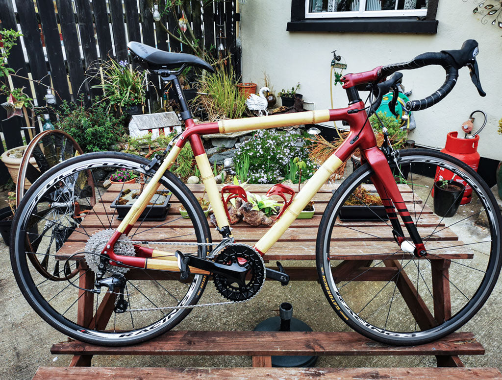 John's bamboo road bike with red lugs and fork, propped on a wooden picnic table in a garden