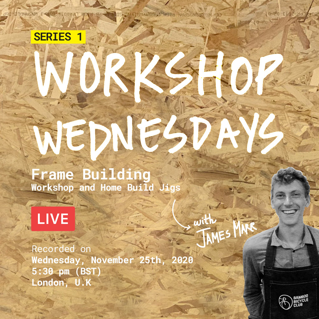 Workshop Wednesdays graphic for the 'Frame building: workshop and home build jigs' live session with James Marr