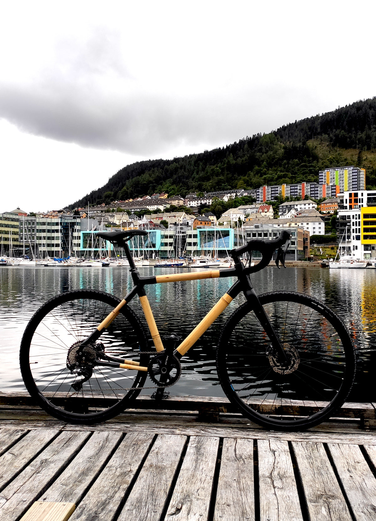 Bamboo gravel bike on a wooden jetty, with moored boats, colourful buildings and a wooded hillside behind