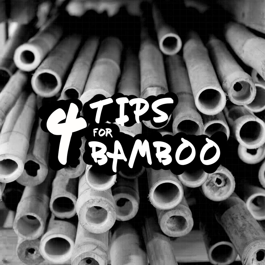 Black and white stack of cut bamboo canes overlaid with the title '4 tips for bamboo'