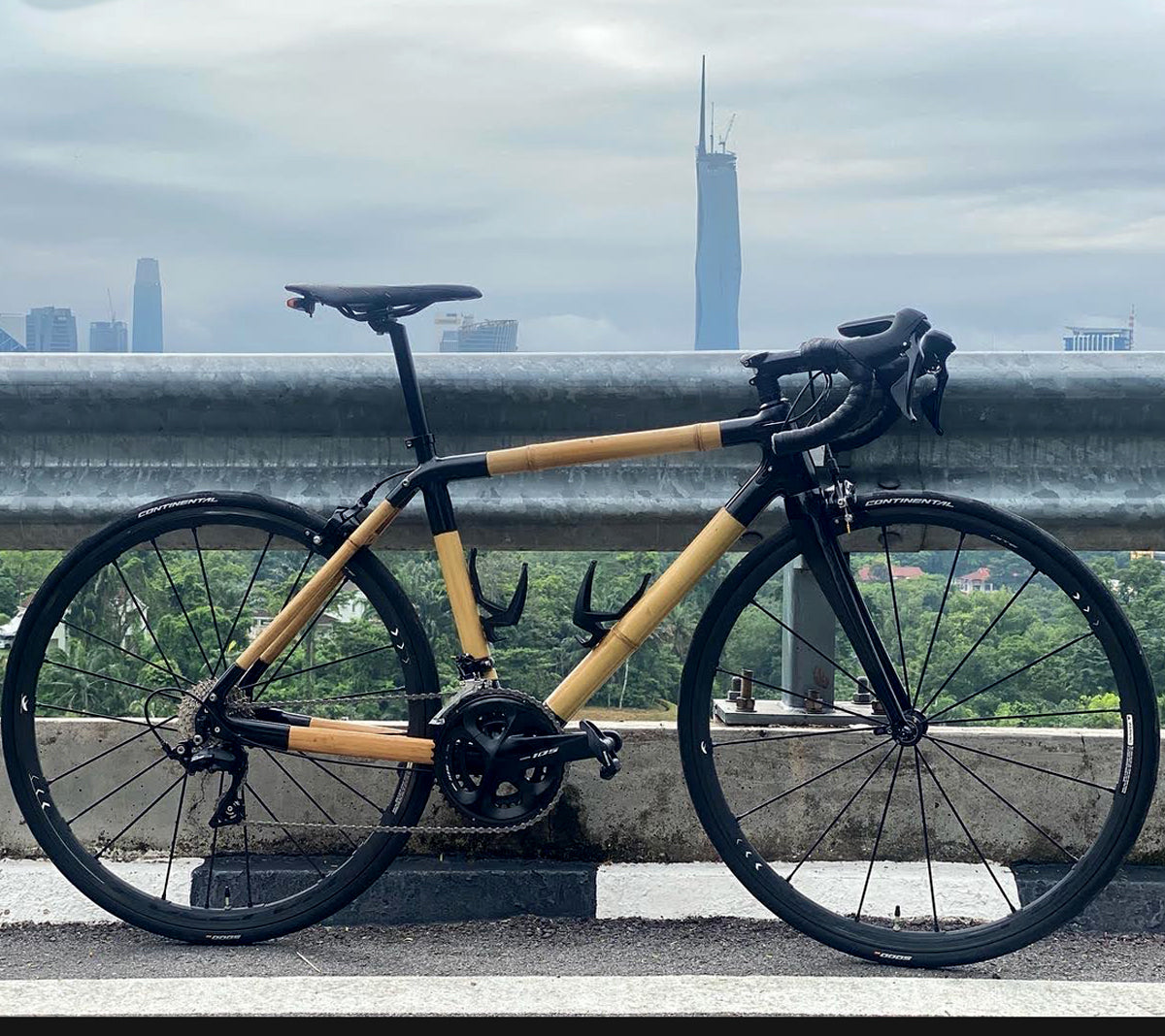 San's bamboo road bike with black lugs by a roadside barrier, a city skyline and tall tower behind