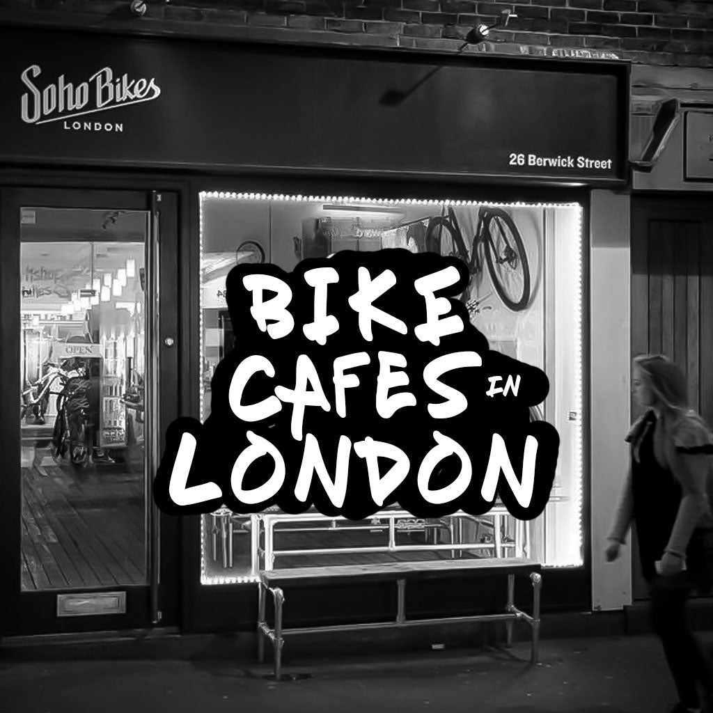Black-and-white Soho Bikes shopfront on Berwick Street with the words 'Bike cafes in London' overlaid