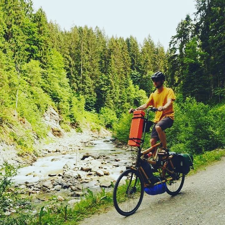 Custom home build kit by Lucas. Out for a cycle in his native Austria #bamboobike #bamboobicycleclub