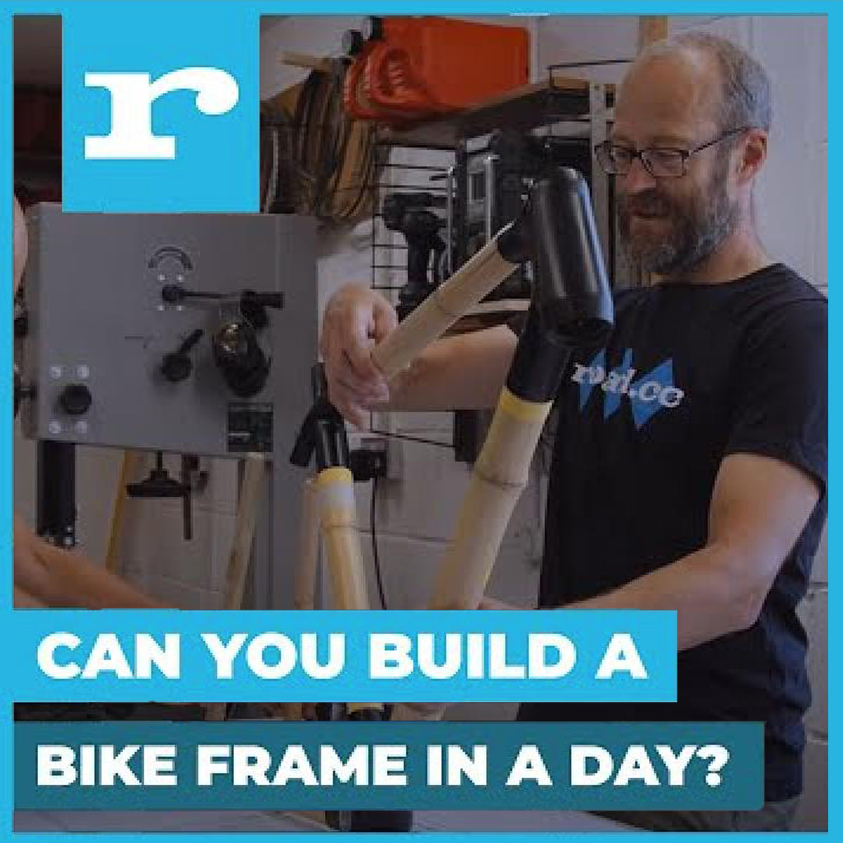 Video thumbnail reading 'Can you build a bike frame in a day?', builder fitting bamboo tubes in a jig