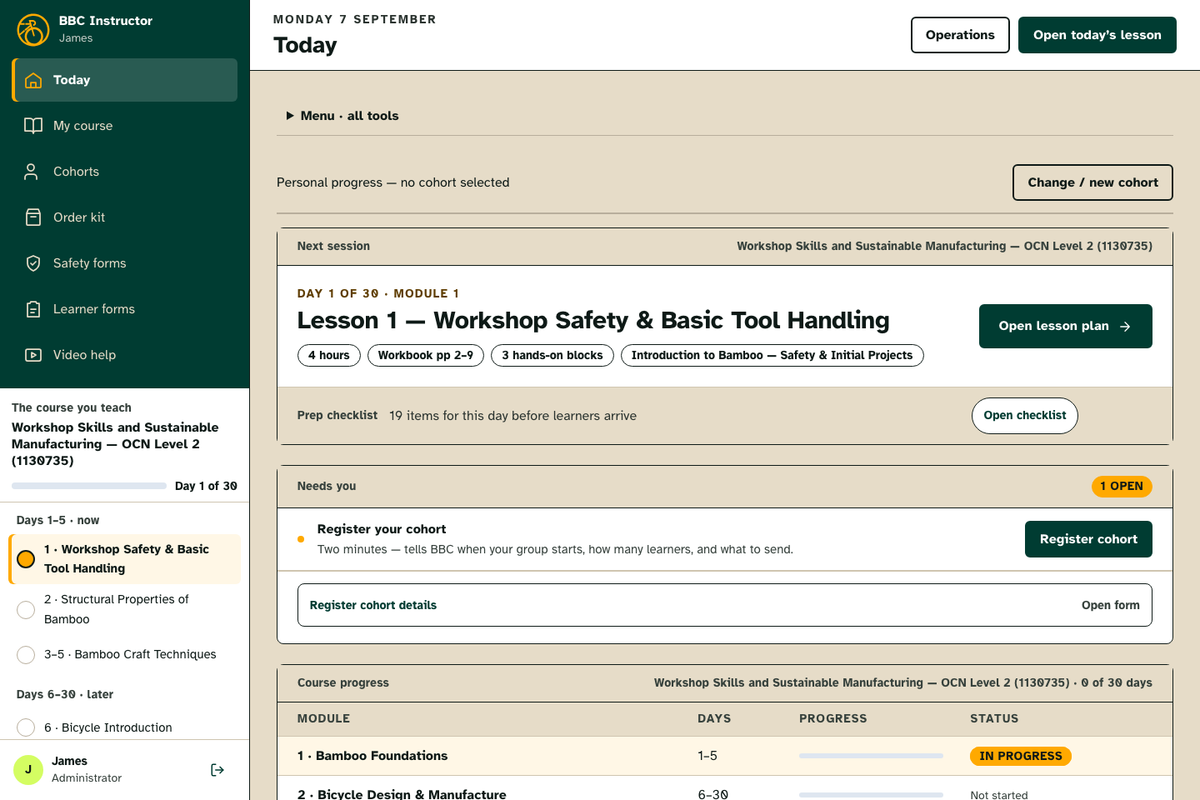 Screenshot of the BBC instructor app dashboard on a laptop: today’s session, the prep checklist, what needs doing, and course progress by module for the OCN Level 2 course