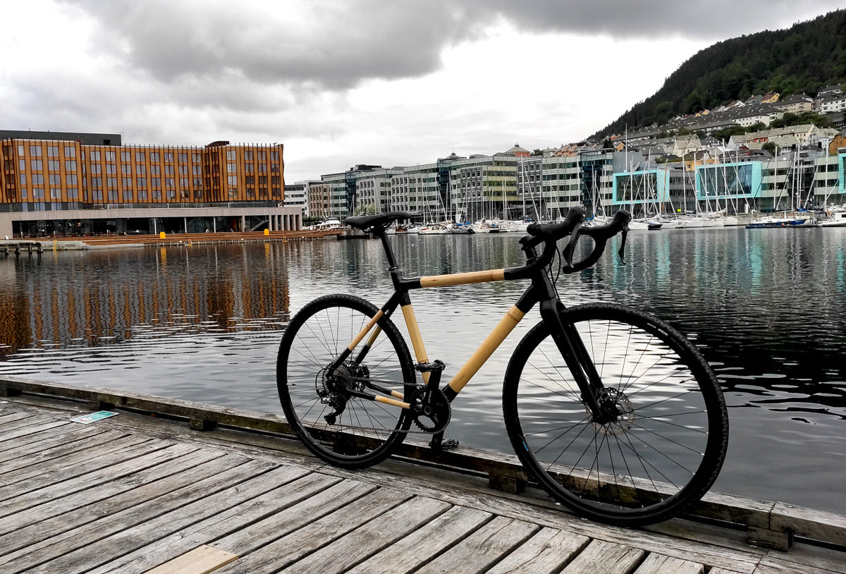 Bamboo gravel bike with black joints on a wooden quay, with a harbour, boats and hillside buildings behind