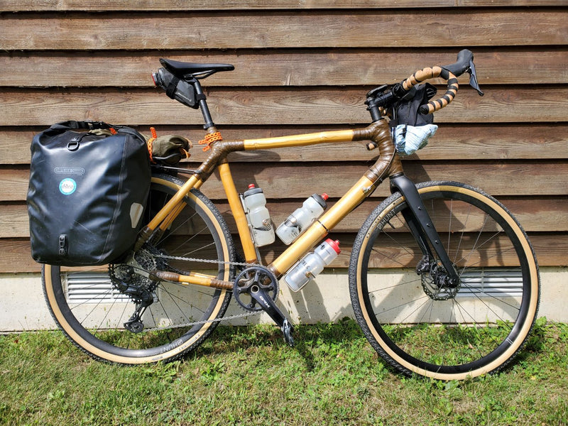 Side view of Jim's home-built bamboo gravel bike with flax-wrapped joints, carbon fork and Shimano GRX 1x drivetrain
