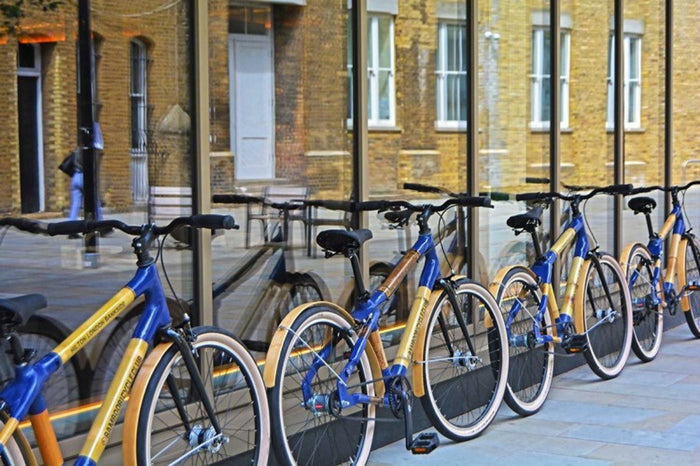 A row of finished bamboo-framed bicycles outside the workshop