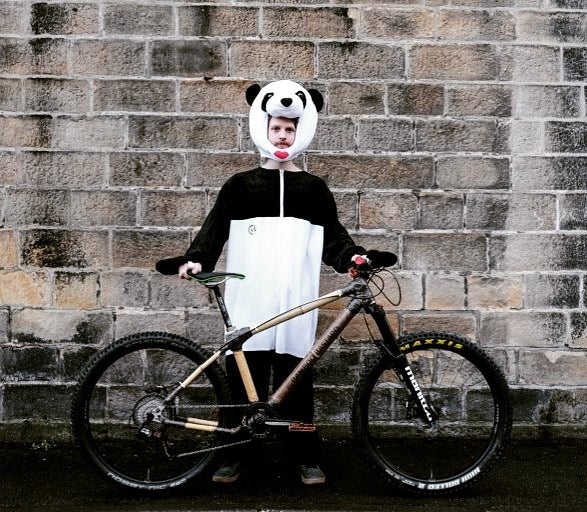 @wilrides with his finished #bamboo #mtb. Um not sure what the panda costume is for... if a panda at