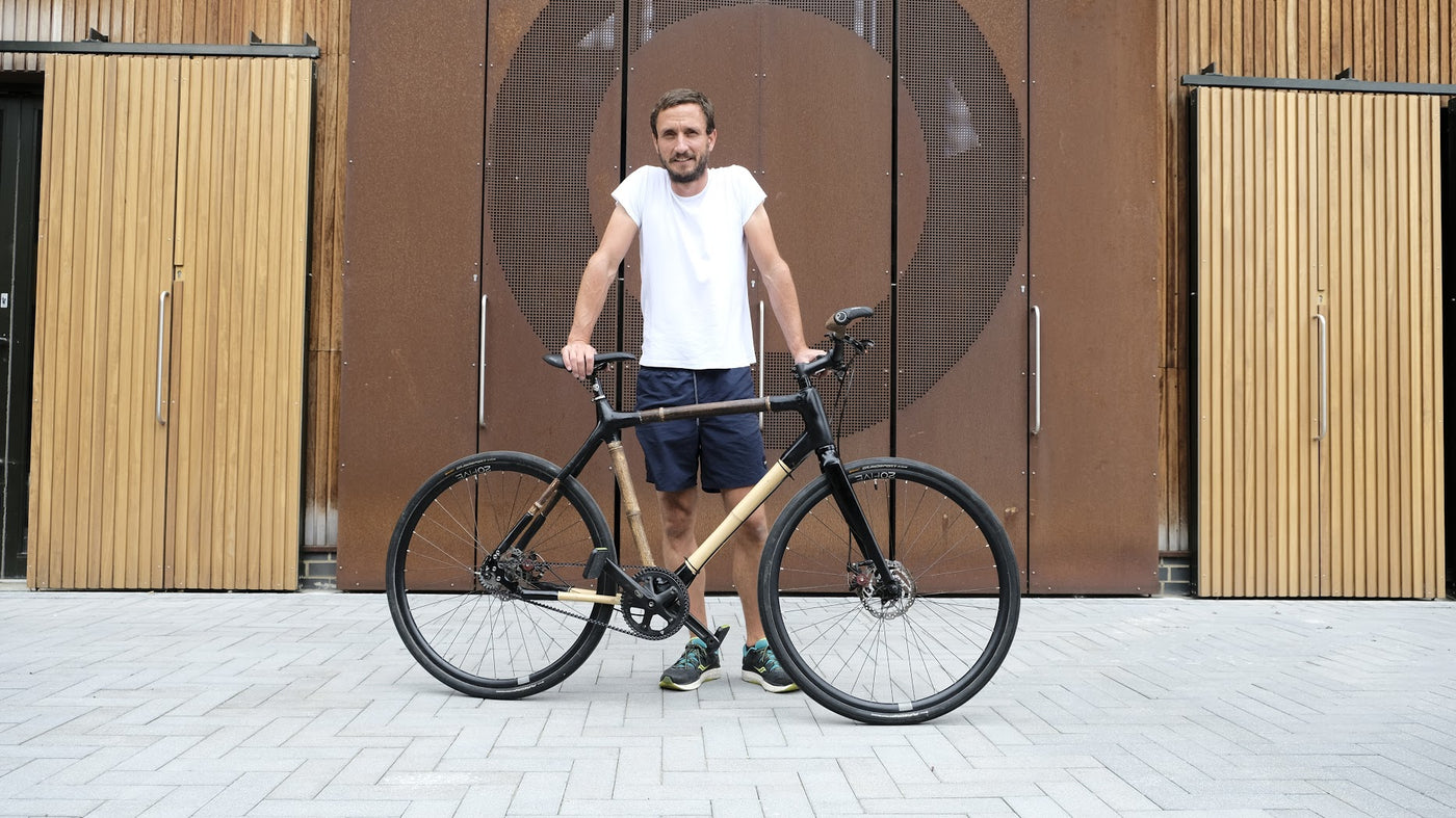 A finished bamboo road bike, ready to ride