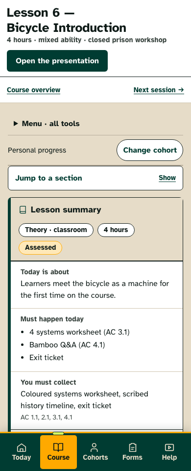 Screenshot of the BBC instructor app, prison version, on a phone: a lesson page with what learners do today, what must happen and what to collect