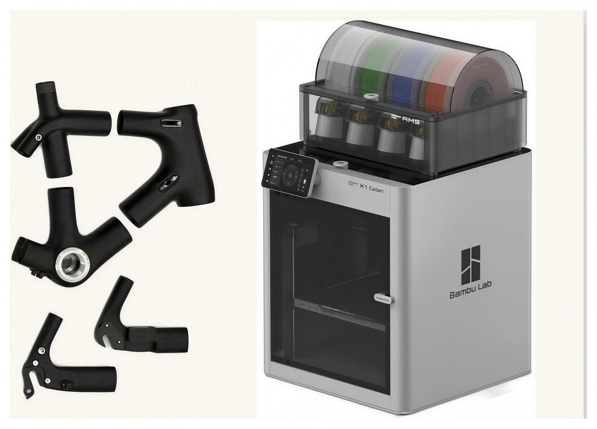 3D-printed bike lugs beside a 3D printer