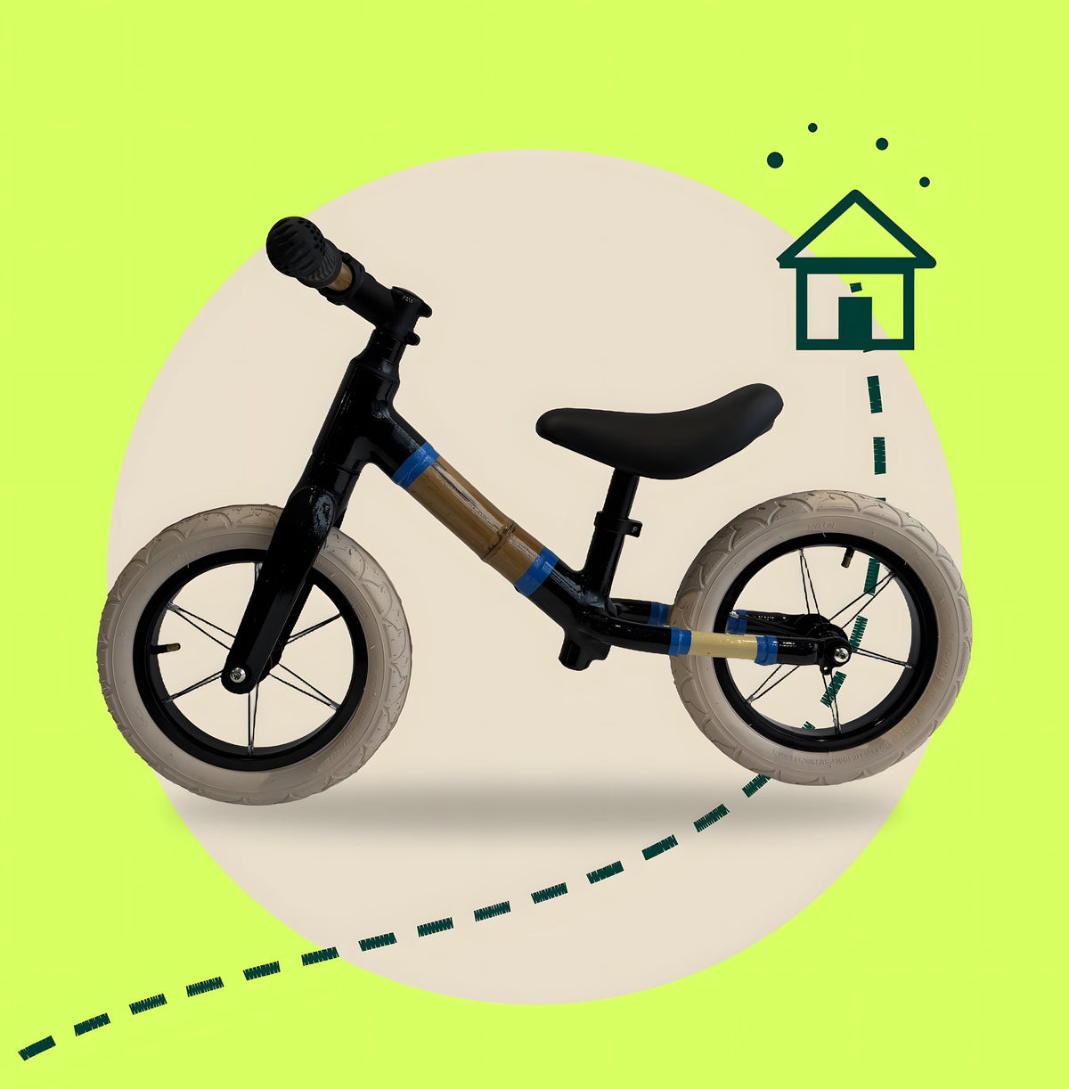 A Build to Bond balance bike on an illustrated lime background, with a dashed path leading to a little house