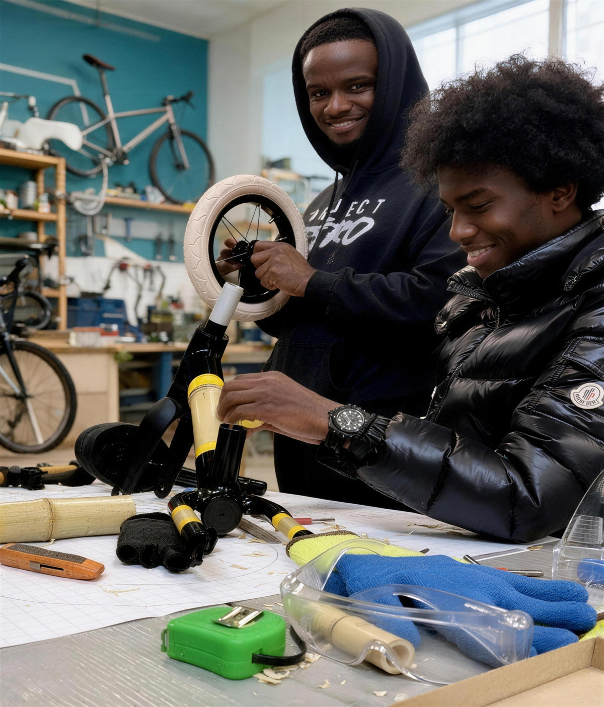 Two young people smiling as they fit a wheel to a bamboo balance bike