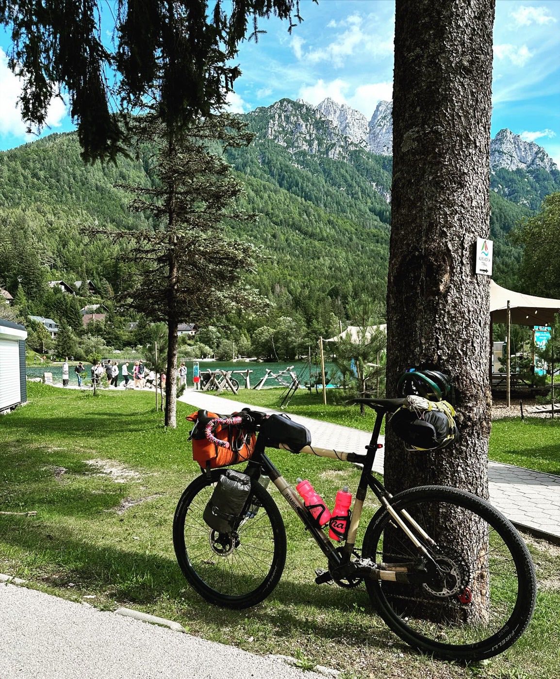 A bamboo gravel bike on a gravel track