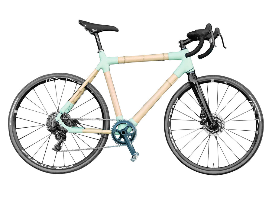 Finished mint-and-bamboo road bike built from a home-build kit
